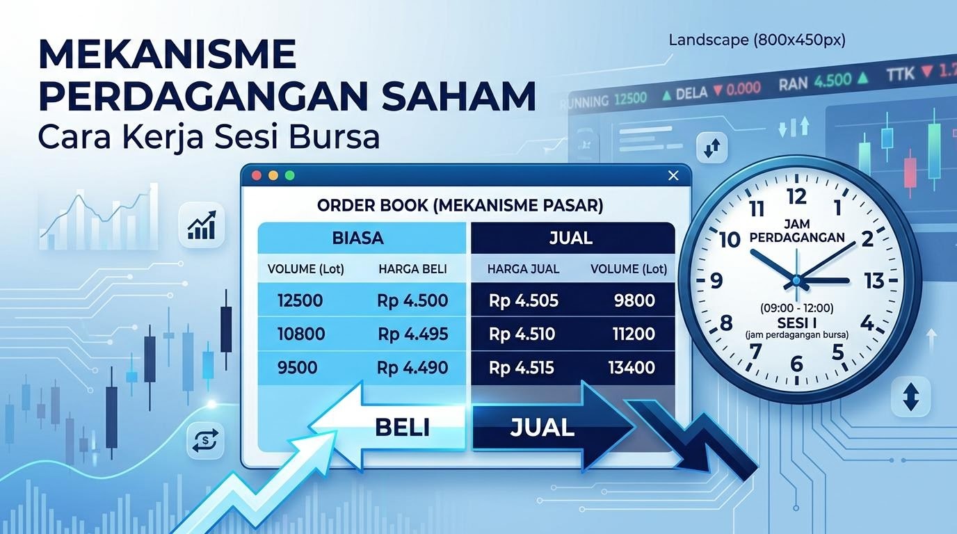 Antarmuka order book dan jam perdagangan saham